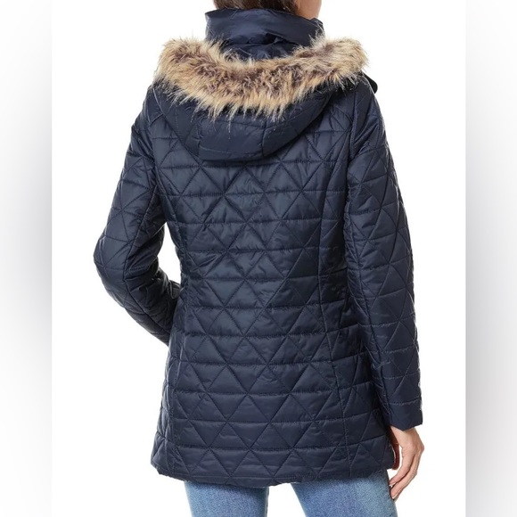 Marc New York Womens Chevron Quilted Down Jacket/Removable Faux Fur Hood L Navy - Picture 5 of 13